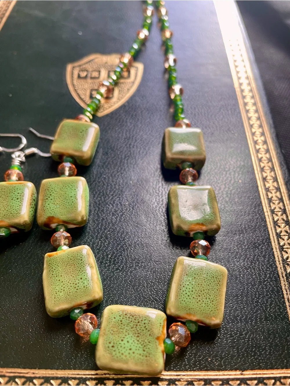 Green Ceramic Tile Necklace with Amber Accent Beads